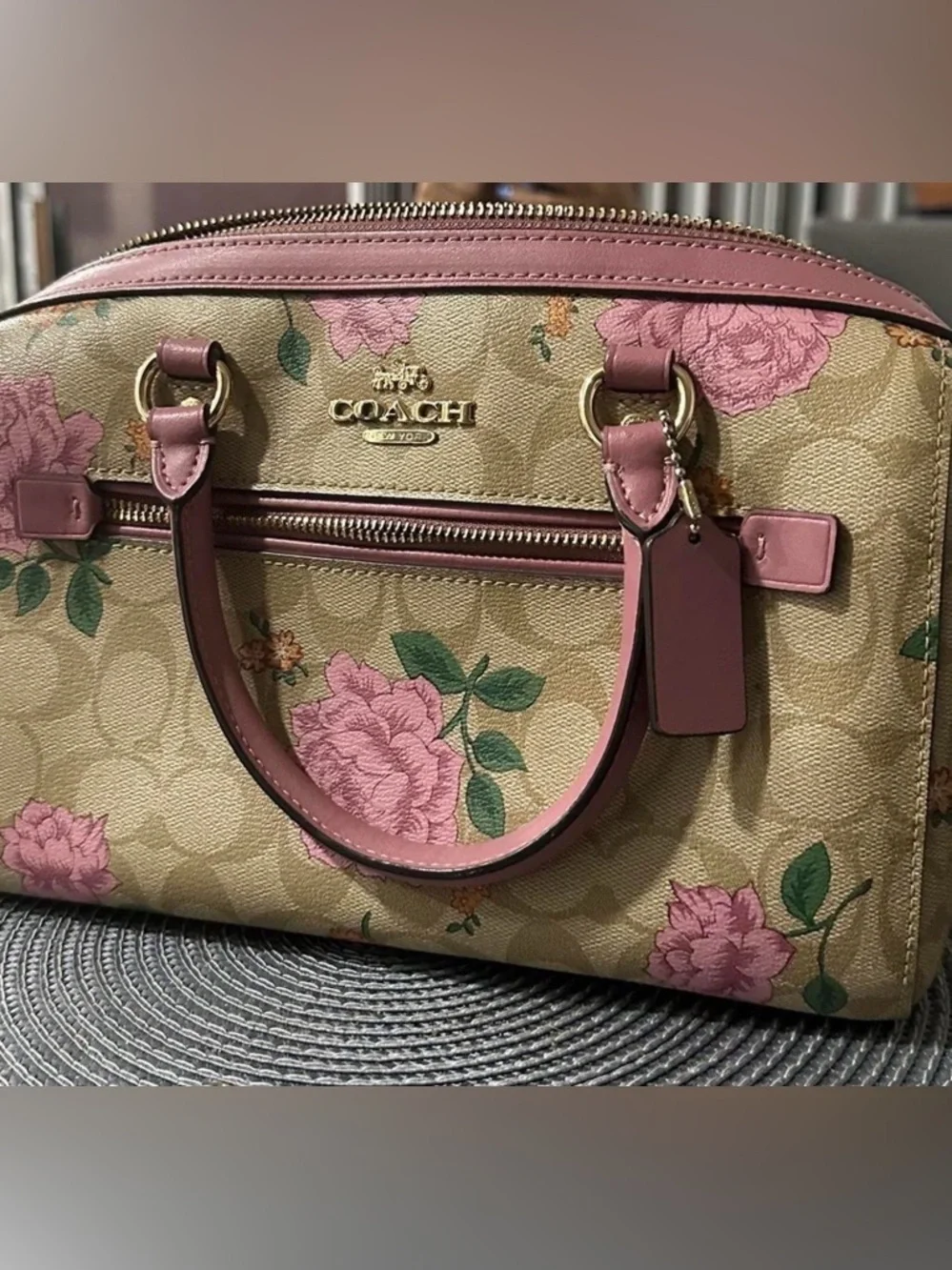COACH Pink Floral Signature Canvas Satchel with Rose Trim - Picture 5 of 8